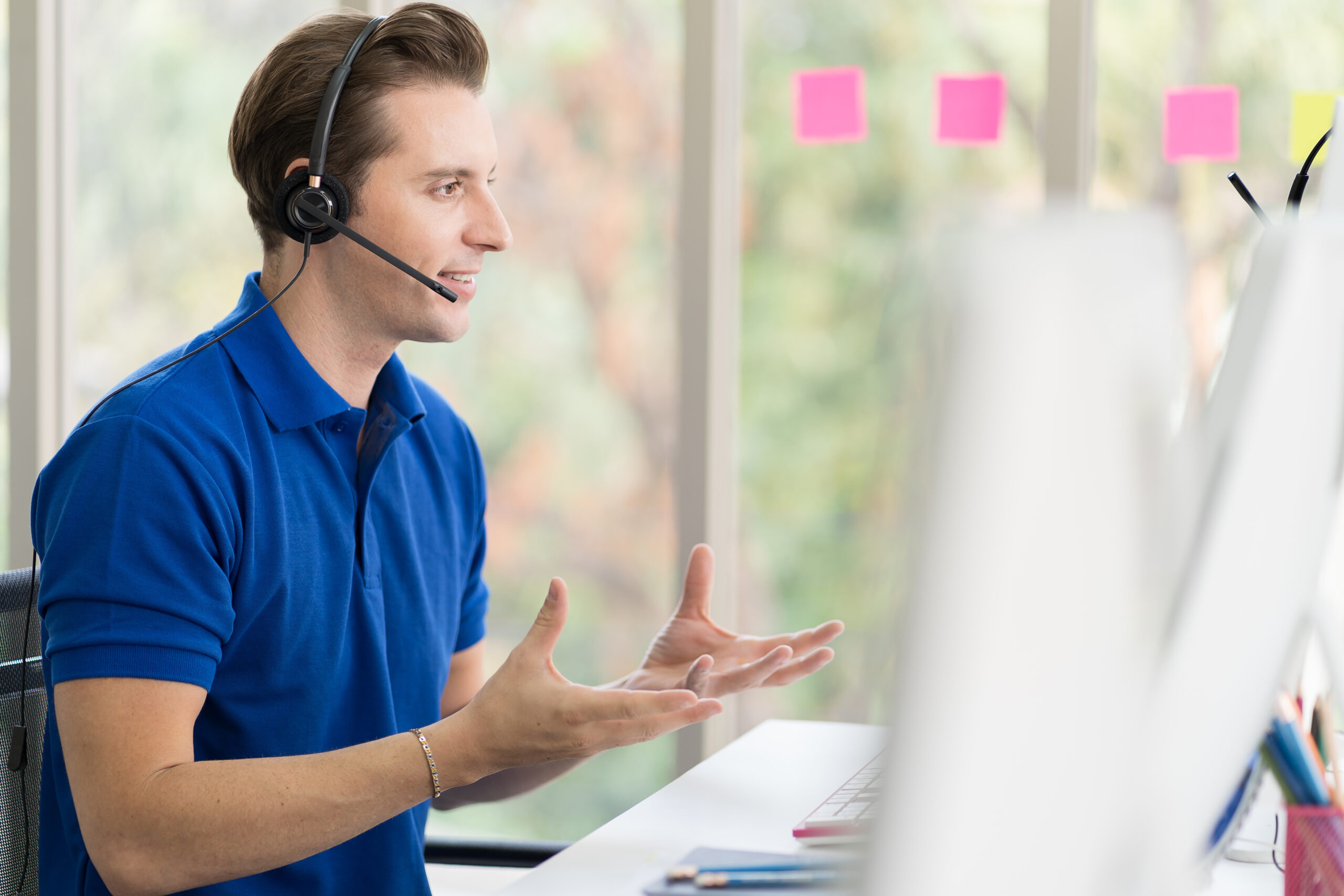 Male call center with headset service support customer