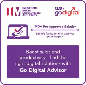 Infocomm Authority and Go Digital logos with a laptop-and-hand checkmark illustration; notes IMDA pre-approved solution and up to 50% grant