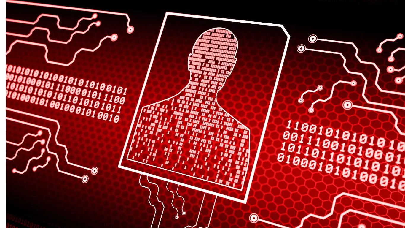 Red neon illustration of a human silhouette made of binary code inside a framed outline, with circuit patterns in the background—symbolizing digital identity or cybersecurity.