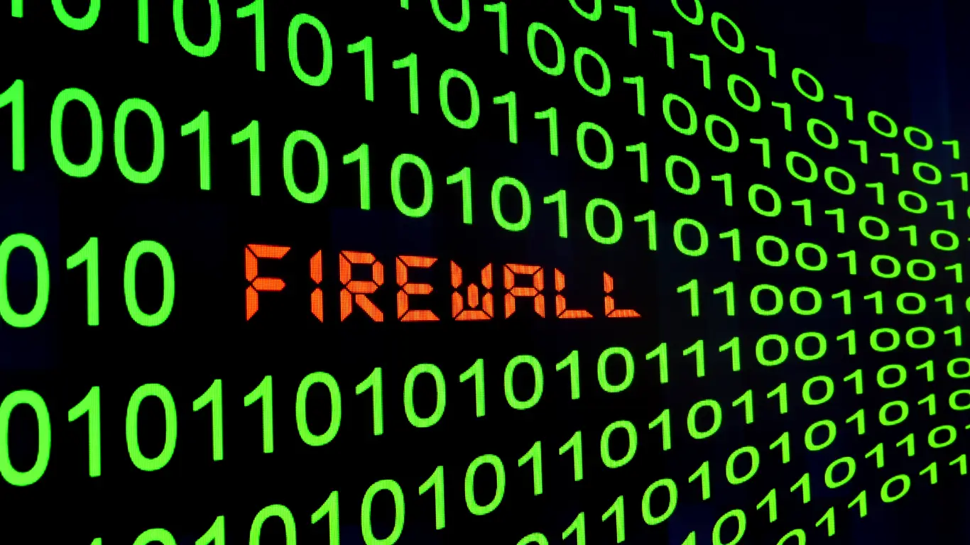 Firewall | Cybersecurity and Managed Security Services Red 'FIREWALL' text over a background of green binary code