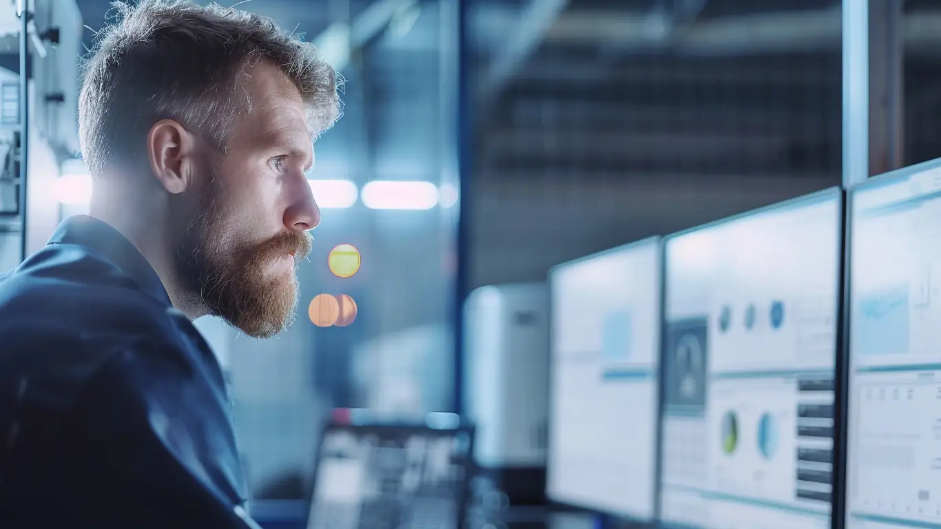 Managed Detection | Cybersecurity and Managed Security Services Man with a beard studying data dashboards on multiple computer monitors in a tech control room