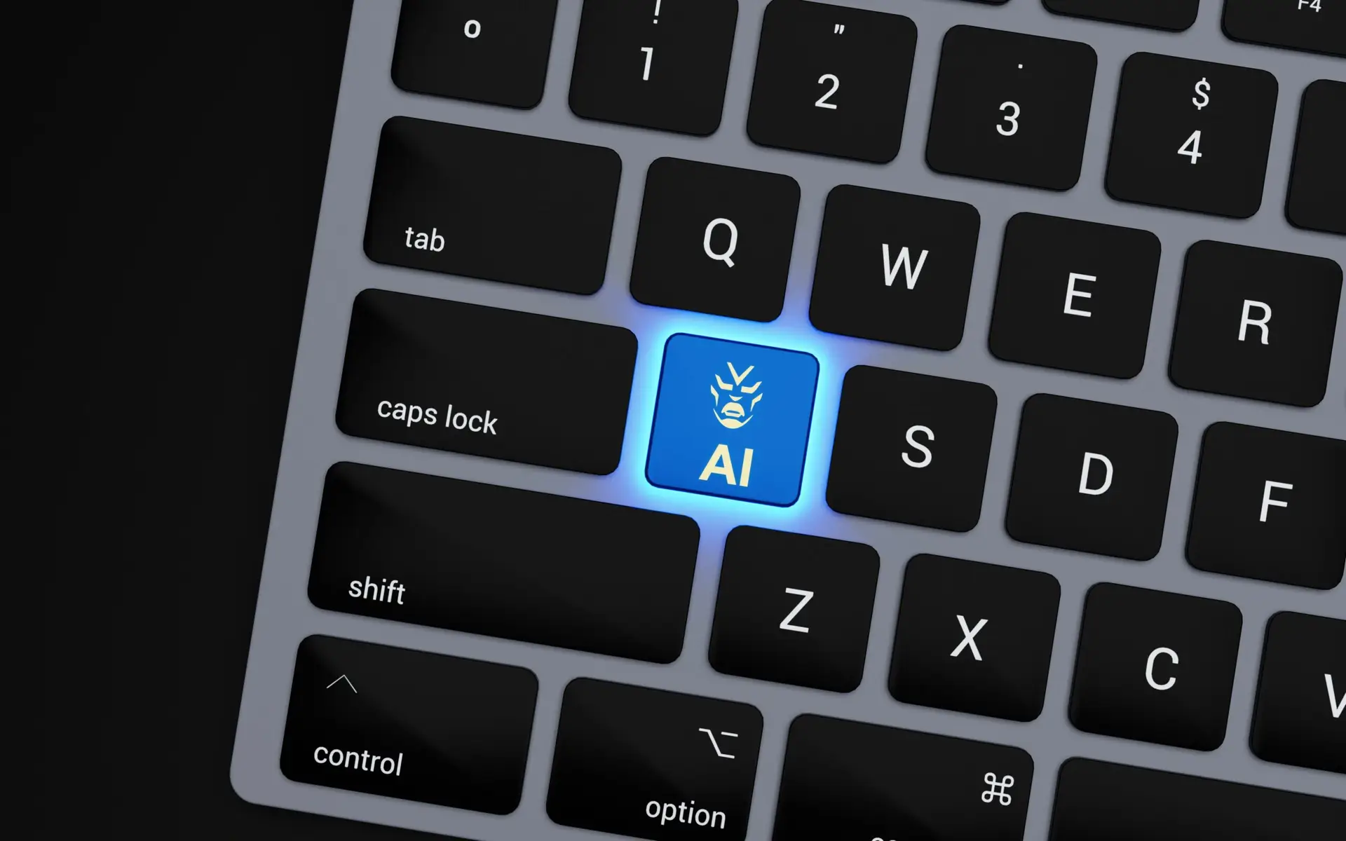 a-close-up-of-a-keyboard-with-a-blue-button