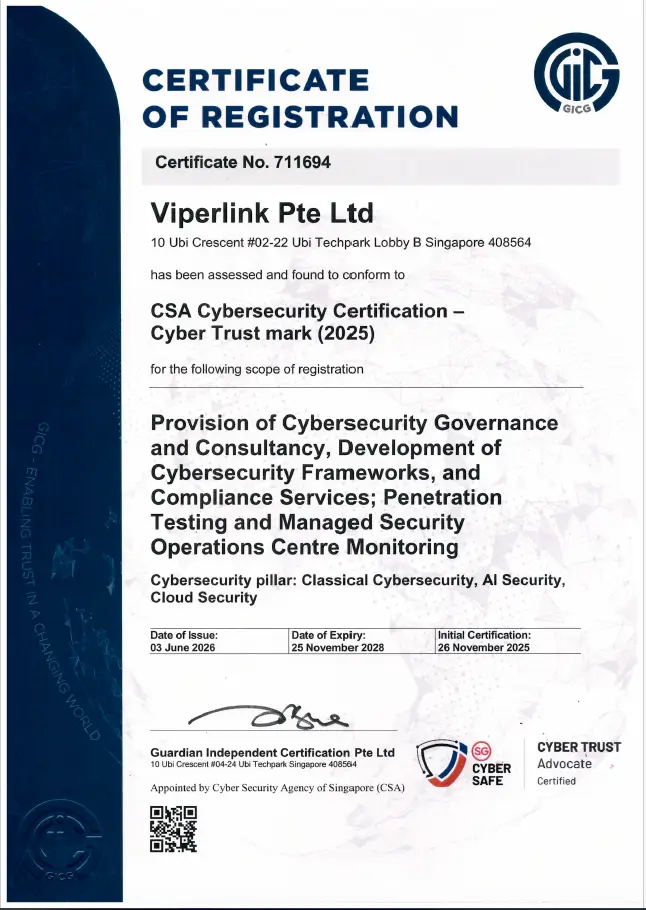 Certificate of Registration for Viperlink Pte Ltd, CSA Cybersecurity Certification with certificate no. 711694 and issue/expiry dates.