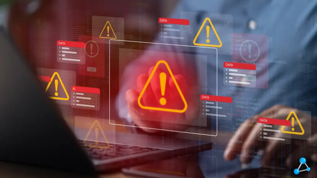 Bright orange warning triangle icons on a laptop screen, signaling data security alerts and system warnings.