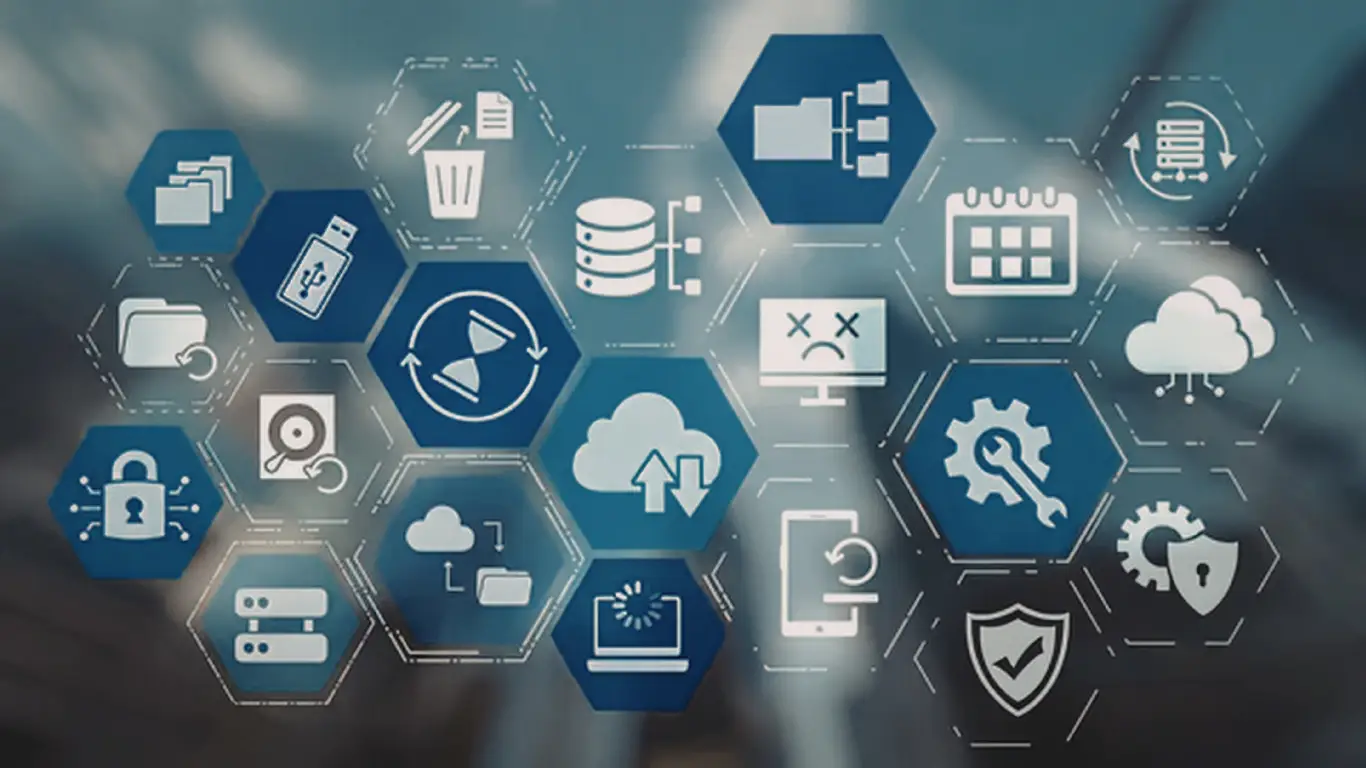 Abstract IT icons in blue hexagons illustrating cloud, security, data storage, and servers.