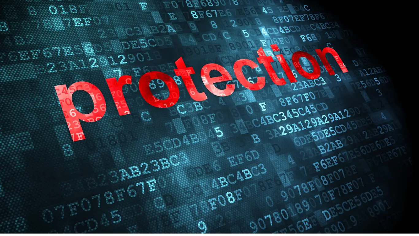 Data protection concept: the word 'protection' in red over a blue digital code background.