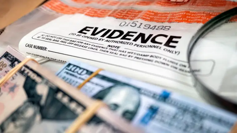 Evidence bag labeled EVIDENCE with a magnifying glass and bundles of cash nearby, suggesting a crime scene collection of money as evidence.