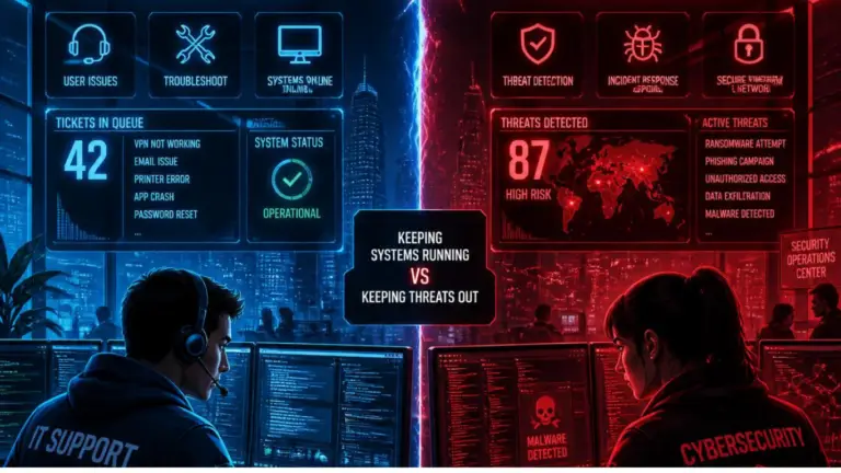 Split-screen cyber operations room: blue side for IT support and user issues, red side for threat defense, with central banner reading 'Keeping Systems Running vs Keeping Threats Out'