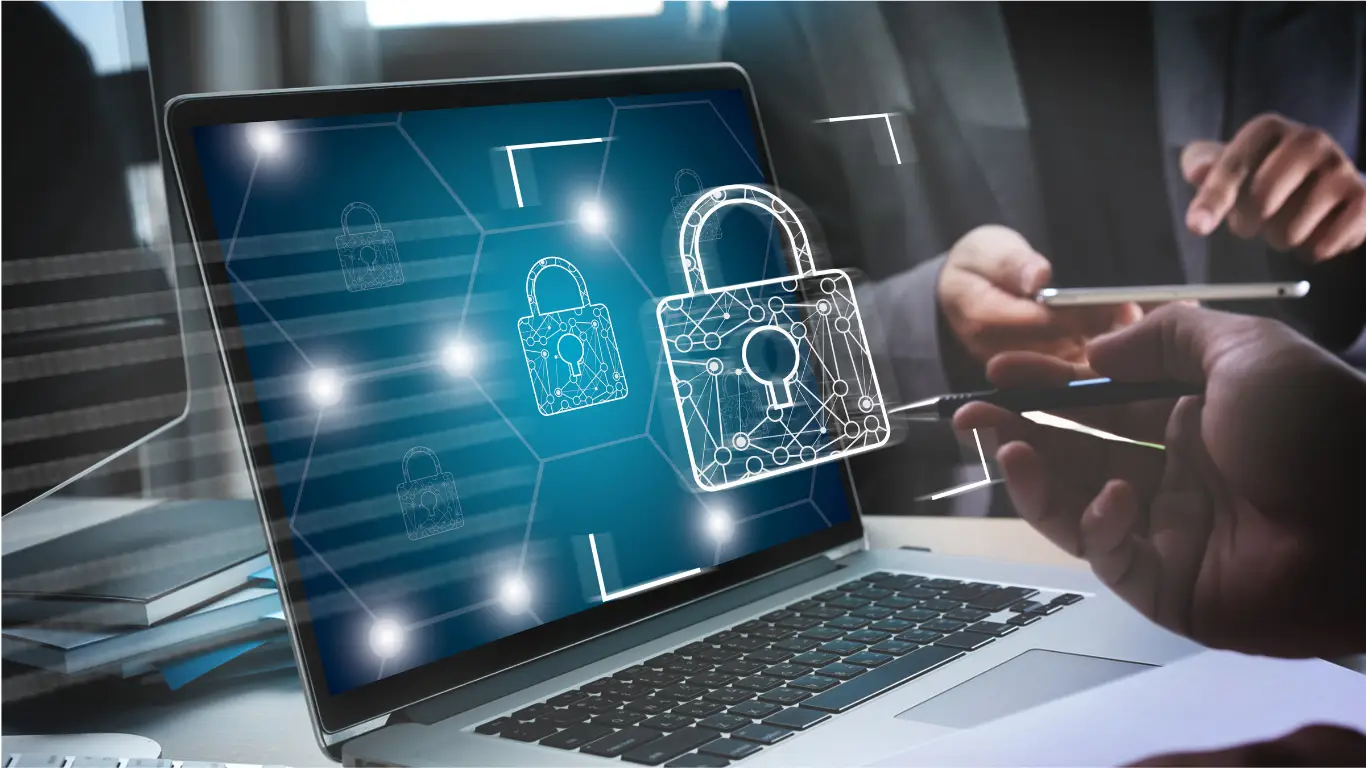 Is M364 also secure | Cybersecurity and Managed Security Services Laptop screen shows glowing padlocks and network lines, signaling cybersecurity and data protection.