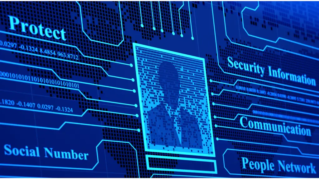 Cybersecurity graphic showing a masked silhouette of people and network lines with words like Protect, Security Information, and Communication, emphasizing data protection theme.